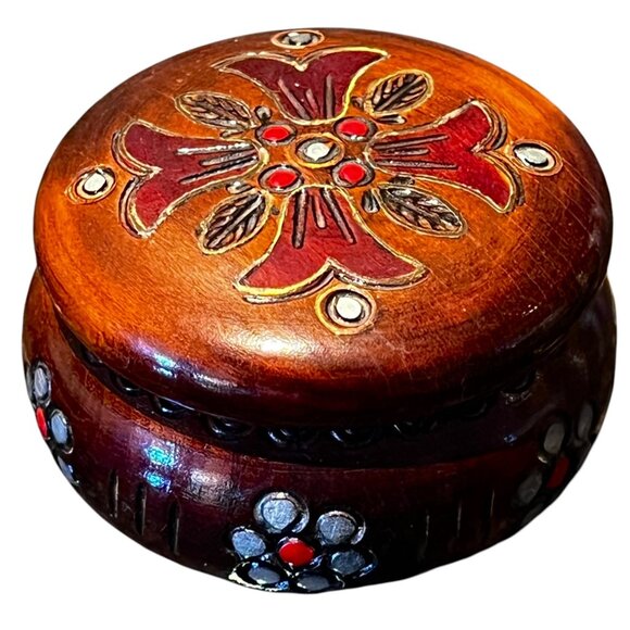 Poland Other - Handcrafted Polish Wooden Jewelry Box With Intricate Floral Design & Red Accents